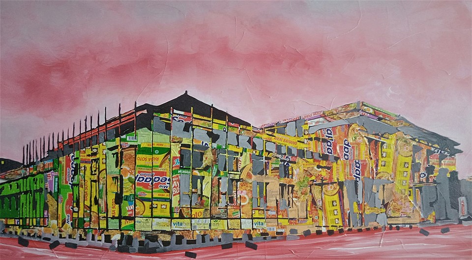 Ekperimentasi limbah plastik, teknik kolase, mixed media di atas kanvas, Ukuran 70 x125 cm (in the process)
