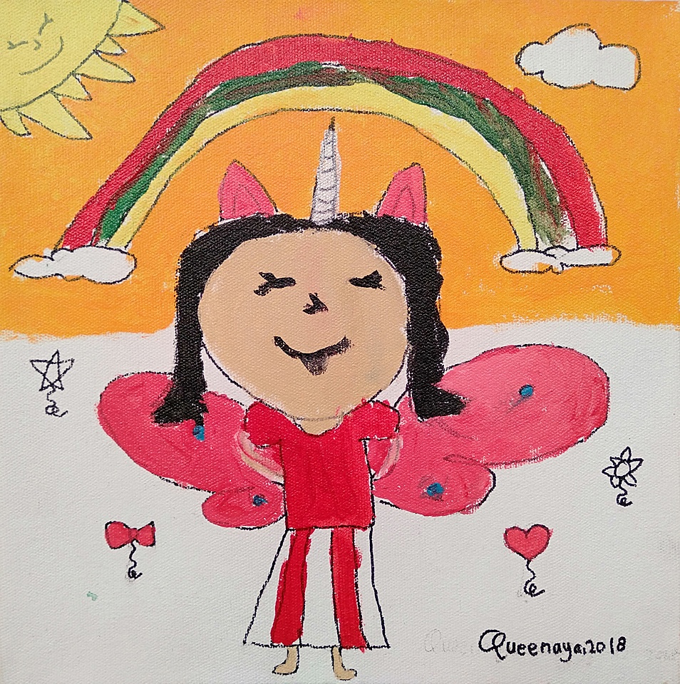 Imajinasi Queenaya saat 8 tahun tentang manusia Unicorn beserta keindahan pelangi di belakangnya.