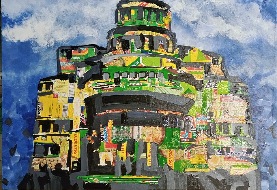 Ekperimentasi limbah plastik, teknik kolase, mixed media di atas kanvas, Ukuran 130 x 130 cm (in the process)