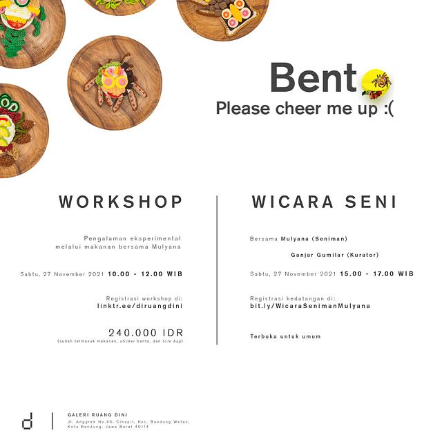 "[WORKSHOP & WICARA SENI]  Pameran Tunggal Bento, Please Cheer Me Up :(   Dengan gaya Mulyana yang khas, Workshop ‘Bento, please cheer me up’ hadir untuk memberikan pengalaman eksperimental dengan bersama-sama bermain dan berkreasi melalui makanan. Hasil dari kreasi ini akan disematkan dalam bentuk sablon pada tote bag buatanmu sendiri!  Melalui workshop ini kita berkesempatan untuk memposisikan diri secara kreatif dan jenaka, sebagaimana Mulyana saat dihadapi keterbatasan yang menjemukan kala menjalankan proses karantina.  Workshop akan diselenggarakan pada:  Sabtu, 27 November 2021 Pukul 10.00 - 12.00 WIB dengan Biaya Pendaftaran: Rp240.000/orang (sudah termasuk makanan, sticker Bento, dan tote bag)  dilanjut dengan Wicara Seni* bersama:  Seniman - Mulyana (@mangmoel) Kurator Pameran - Ganjar Gumilar (@gumilarganjar)  pada pukul 15.00 - 17.00 WIB *terbuka untuk umum  di Galeri Ruang Dini Jalan Anggrek No. 46, Cihapit, Kec. Bandung Wetan, Kota Bandung, Jawa Barat 40114 ___  #soloexhibition #Mulyana #workshopbandung #wicaraseni #galeriruangdini #diruangdini #blossomingthroughlife "